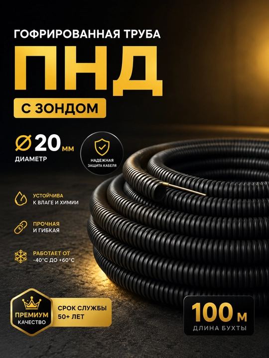 Гофрированная труба ПНД Ø20 мм с зондом, 100 м для прокладки кабеля - 
