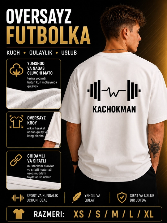 Erkaklar uchun oversize futbolka KACHOKMAN printli, paxtali sport casual t-shirt