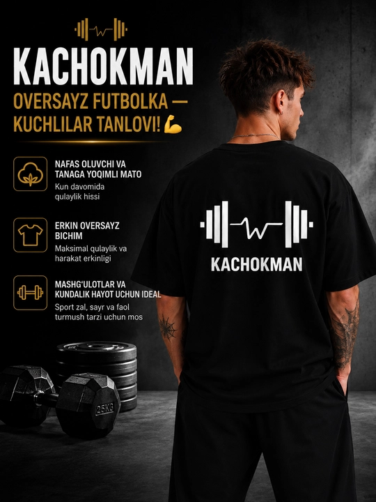 Erkaklar uchun oversize futbolka KACHOKMAN printli, paxtali sport casual t-shirt