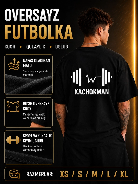 Erkaklar uchun oversize futbolka KACHOKMAN printli, paxtali sport casual t-shirt