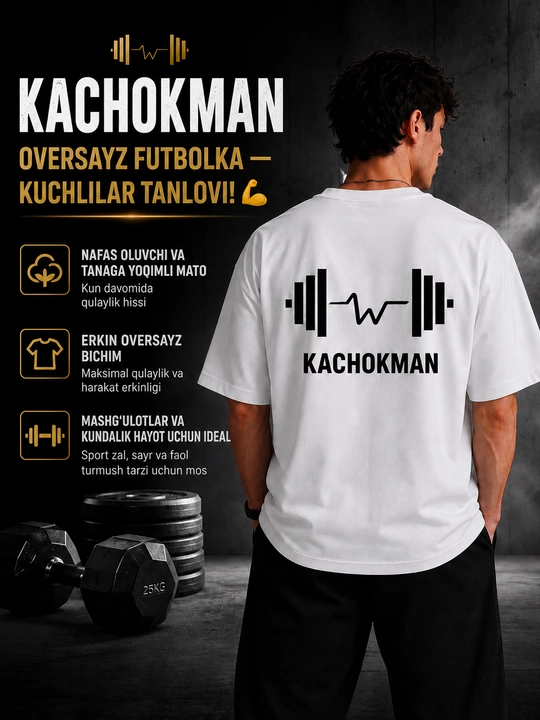 Erkaklar uchun oversize futbolka KACHOKMAN printli, paxtali sport casual t-shirt