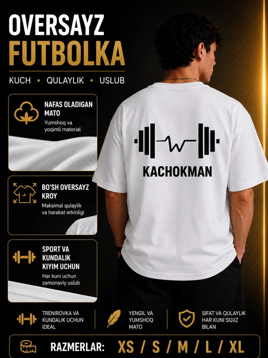 Erkaklar uchun oversize futbolka KACHOKMAN printli, paxtali sport casual t-shirt