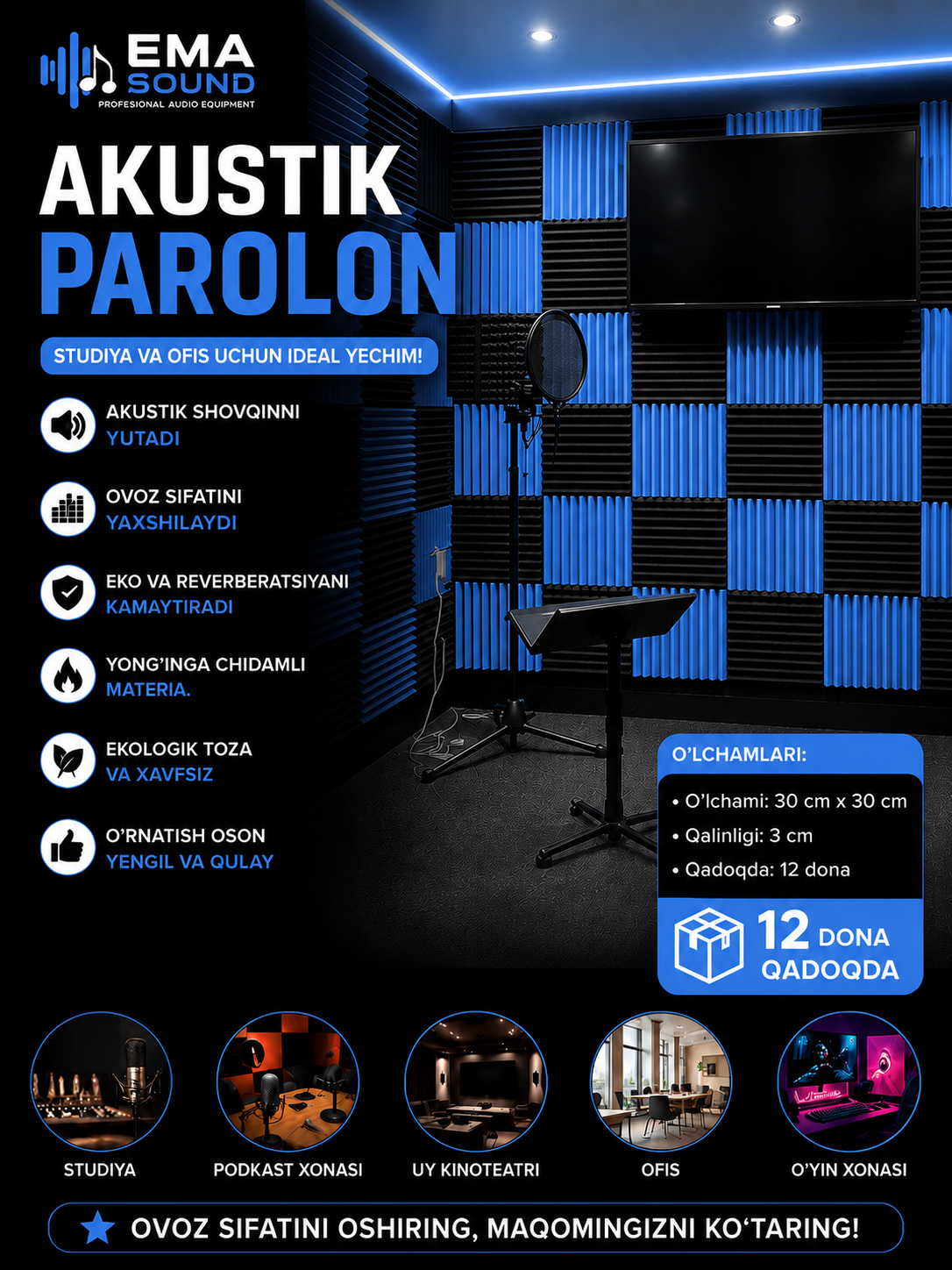 Akustik Porolon Panellar 30x30x2.5sm studiya va ofislar uchun