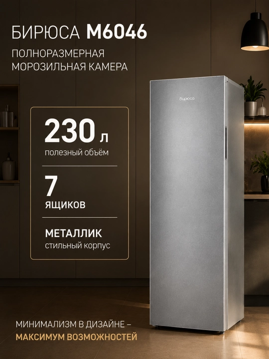 Морозильная камера Бирюса M6046 230 л, 7 ящиков, металлик, быстрая заморозка - 