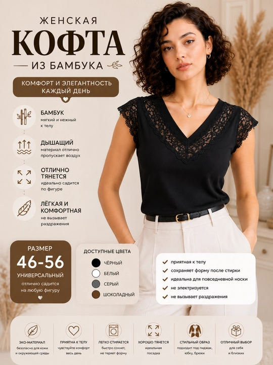 Ayollar uchun standart o‘lchamdagi bambuk kofta mayka, 44-50 - 