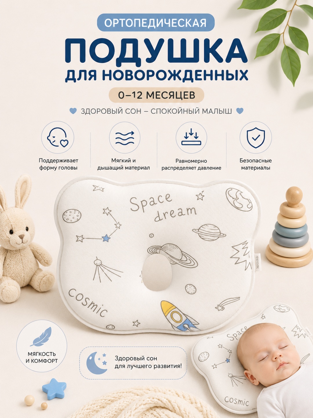Ортопедическая подушка для новорожденных, анатомическая, для правильного формирования головы - 