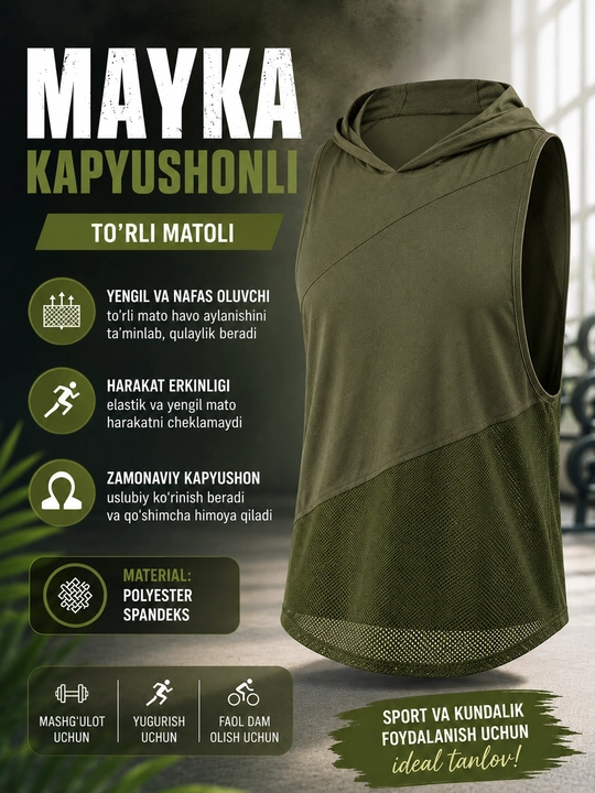 Erkaklar sport maykasi kapyushonli, to‘rli fitness tank top, yugurish va mashg‘ulot uchun