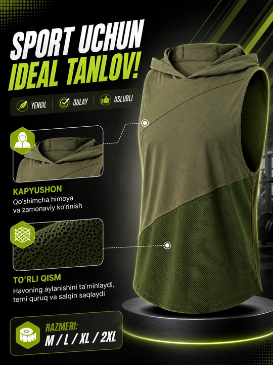 Erkaklar sport maykasi kapyushonli, to‘rli fitness tank top, yugurish va mashg‘ulot uchun