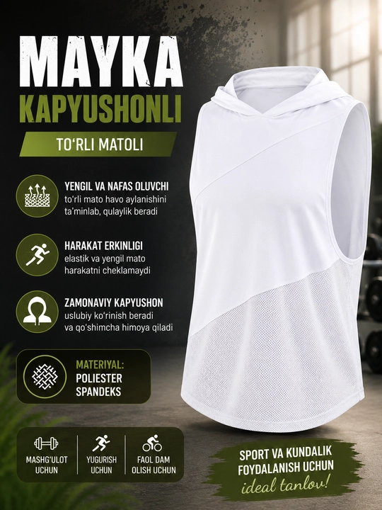 Erkaklar sport maykasi kapyushonli, to‘rli fitness tank top, yugurish va mashg‘ulot uchun