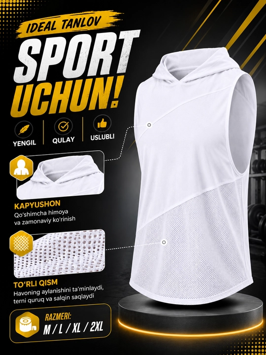 Erkaklar sport maykasi kapyushonli, to‘rli fitness tank top, yugurish va mashg‘ulot uchun