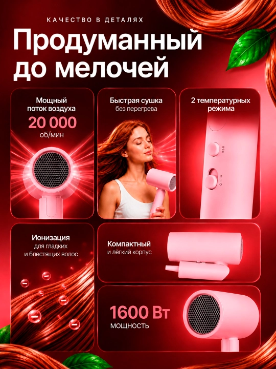 Фен Xiaomi Compact Hair Dryer H101 складной с ионизацией 1600Вт дорожный для дома EU