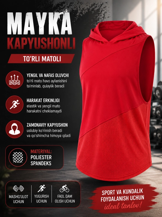 Erkaklar sport maykasi kapyushonli, to‘rli fitness tank top, yugurish va mashg‘ulot uchun