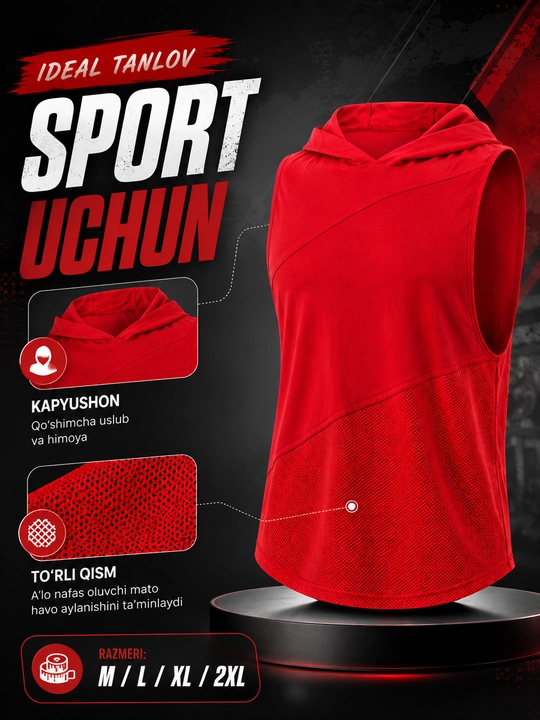 Erkaklar sport maykasi kapyushonli, to‘rli fitness tank top, yugurish va mashg‘ulot uchun