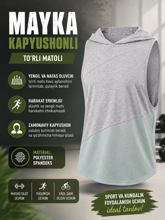 Erkaklar sport maykasi kapyushonli, to‘rli fitness tank top, yugurish va mashg‘ulot uchun