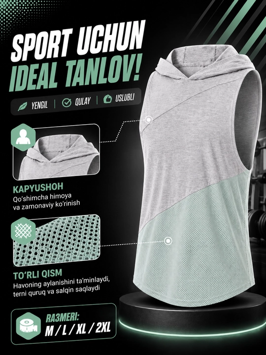 Erkaklar sport maykasi kapyushonli, to‘rli fitness tank top, yugurish va mashg‘ulot uchun