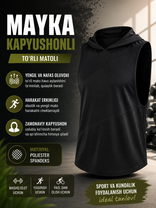 Erkaklar sport maykasi kapyushonli, to‘rli fitness tank top, yugurish va mashg‘ulot uchun