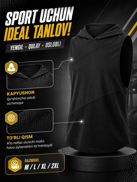 Erkaklar sport maykasi kapyushonli, to‘rli fitness tank top, yugurish va mashg‘ulot uchun