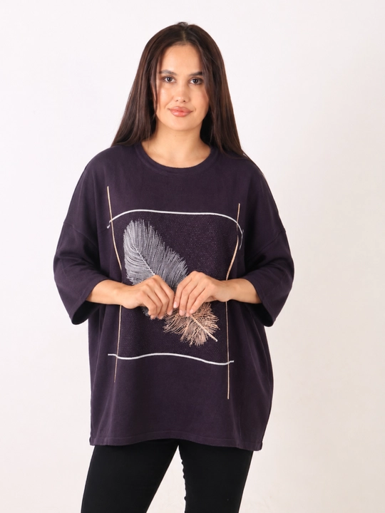 Ayollar uchun qizil oversize tunika, pat printli uzun yengli trikotaj kofta