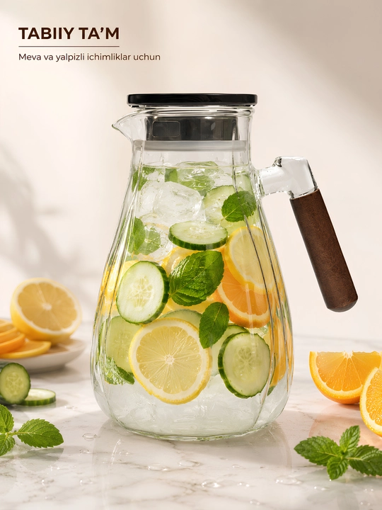 Suv, limonad va sovuq choy uchun ichki filtri va qopqog‘i bo‘lgan shisha ko‘za, 1 dona