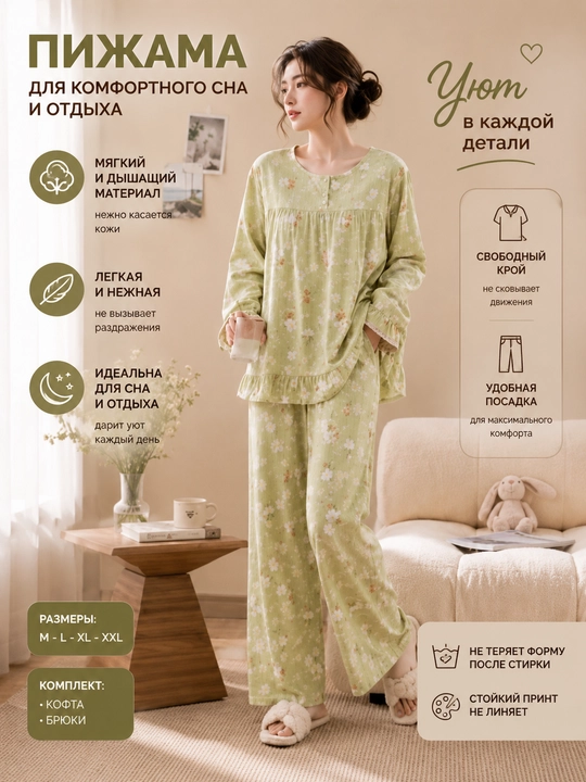 Ayollar uchun pijama to‘plami, yengil va nafas oladigan uy kiyimi, keng fason