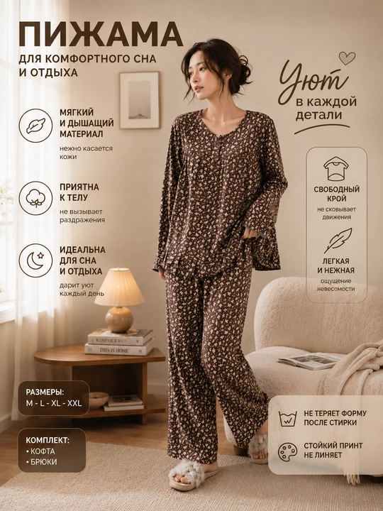 Ayollar uchun pijama to‘plami, yengil va nafas oladigan uy kiyimi, keng fason - 
