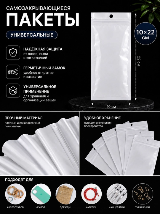 Zip-lock пакеты для аксессуаров и мелких предметов, 10 × 22 см