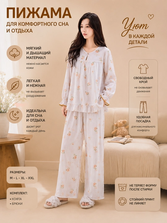 Ayollar uchun pijama to‘plami, yengil va nafas oladigan uy kiyimi, keng fason