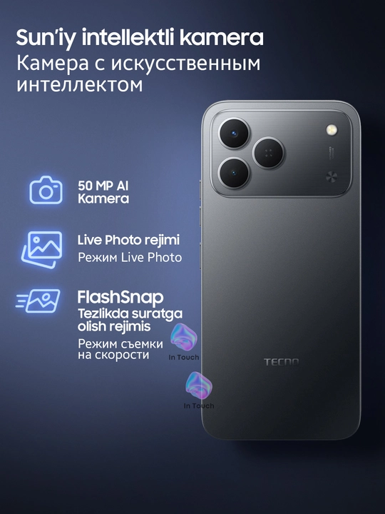 TECNO Spark 50 smartfoni, 4/128 GB, 6700 mAs batareyali telefon