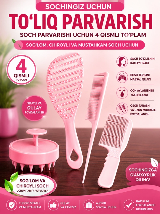Massaj cho‘tkasi, sochlarni yuvish uchun taroq, bosh va tana terisi uchun taroq - 