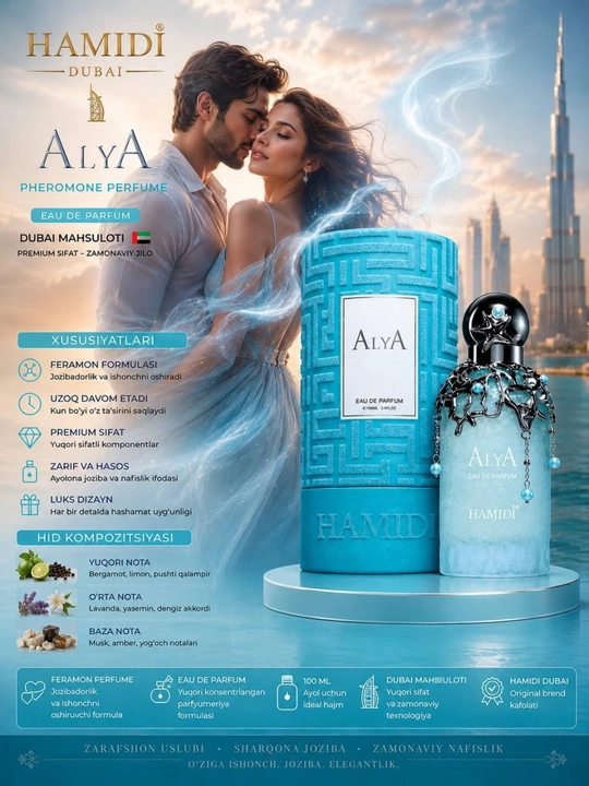 Aliya ayollar atiri 100 ml EDP, gulli mevali hid, uzoq saqlanuvchi nafis ifor