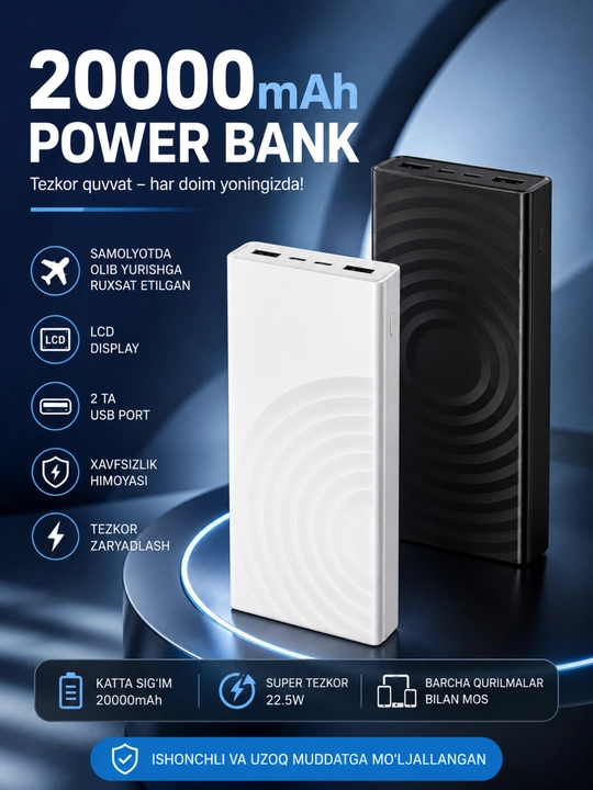 Power Bank 10000/20000/30000mAh 22.5W Tezkor Zaryadlash LED Display USB Portlar - 