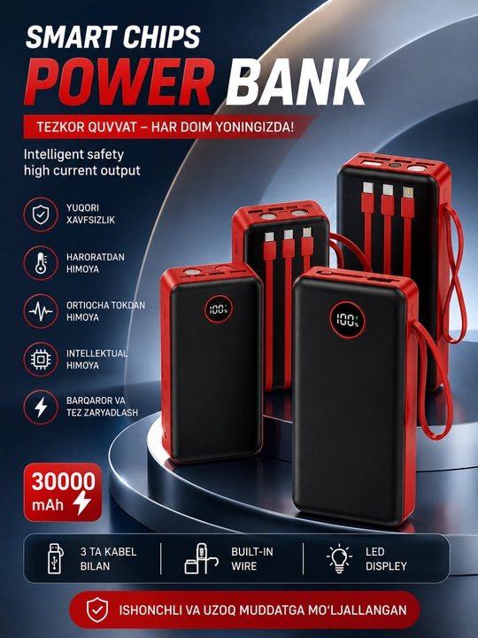 Power Bank 10000/20000/30000mAh 22.5W Tezkor Zaryadlash LED Display USB Portlar - 