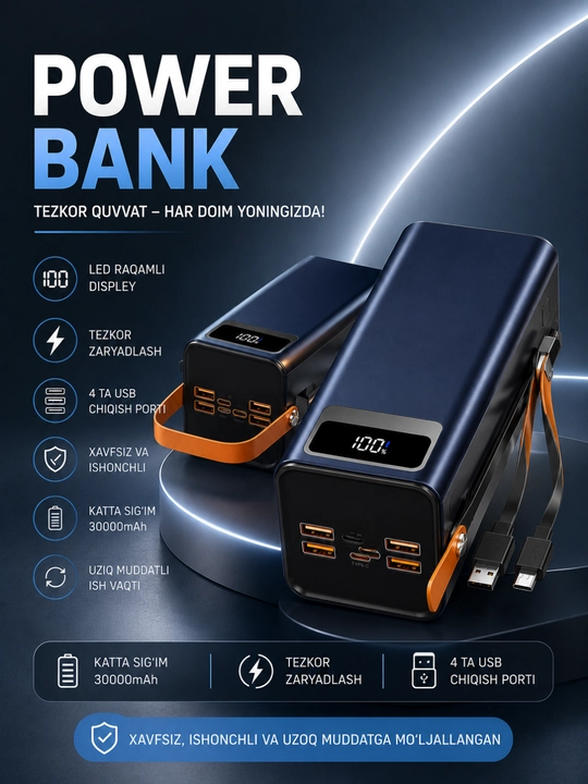 Power Bank 10000/20000/30000mAh 22.5W Tezkor Zaryadlash LED Display USB Portlar - 