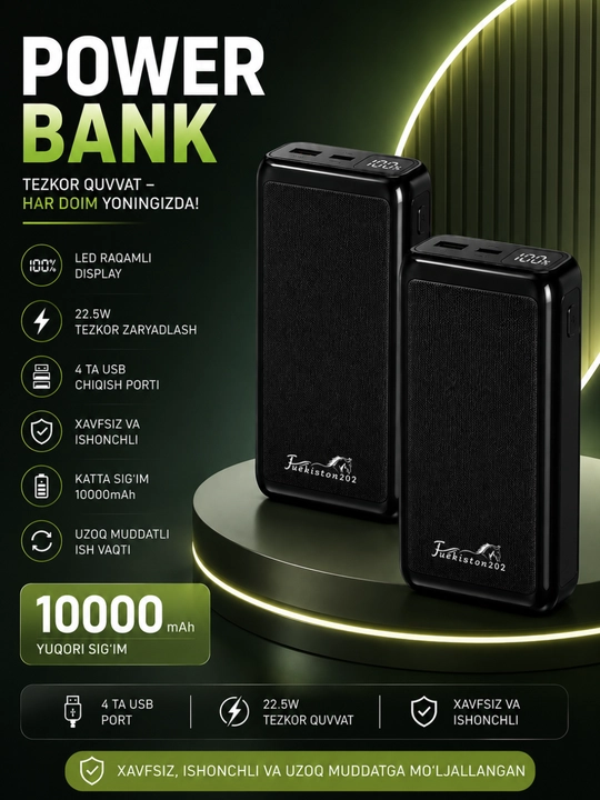 Power Bank 10000/20000/30000mAh 22.5W Tezkor Zaryadlash LED Display USB Portlar - 