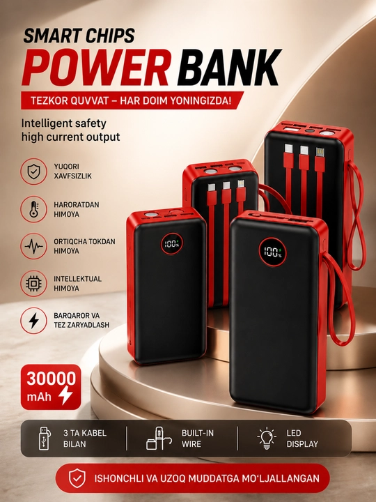 Power Bank 10000/20000/30000mAh 22.5W быстрая зарядка LED дисплей USB порты - 