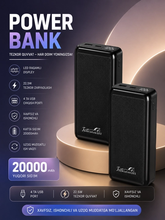 Power Bank 10000/20000/30000mAh 22.5W быстрая зарядка LED дисплей USB порты - 