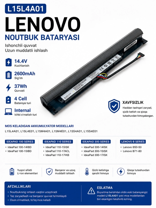 Lenovo L15L4A01 14.4V 2600mAh 37Wh 4 Cell ichki (Internal) noutbuk batareyasi - 