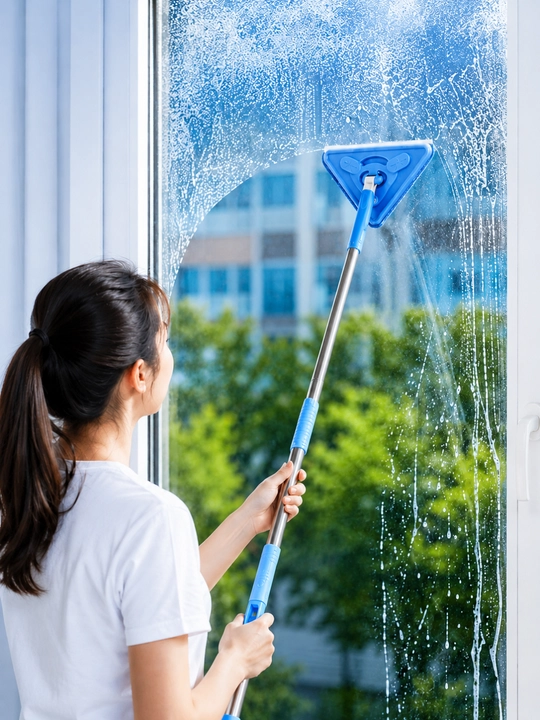 Uchburchak oyna tozalash cho‘tkasi, teleskopik sopli, 2 tomonlama mikrofiber mop