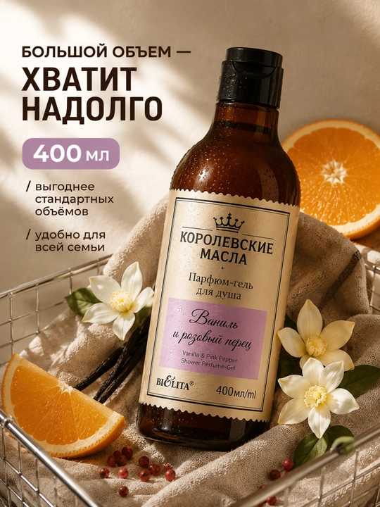 Dush uchun parfyumer gel КОРОЛЕВСКИЕ МАСЛА Vanil va pushti murch, 400 ml, Belita