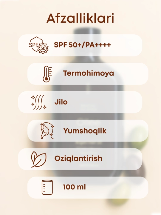 Soch uchun OLLEE argan yog‘i 100 ml, SPF50+/PA++++, termohimoya va parvarish uchun