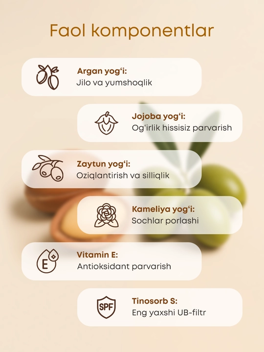 Soch uchun OLLEE argan yog‘i 100 ml, SPF50+/PA++++, termohimoya va parvarish uchun