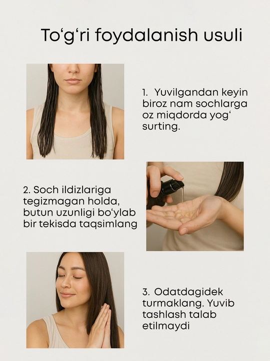 Soch uchun OLLEE argan yog‘i 100 ml, SPF50+/PA++++, termohimoya va parvarish uchun