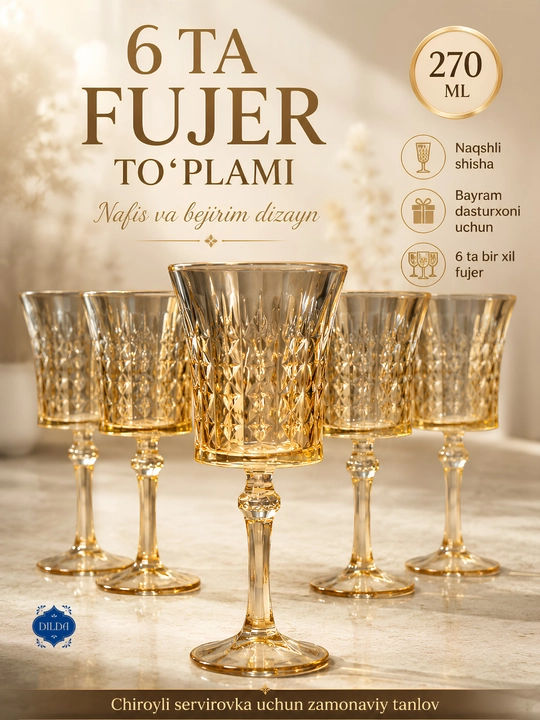 Shisha fujerlar to‘plami 6 dona, rangli va shaffof bokallar 210, 270, 300 ml, bayram uchun