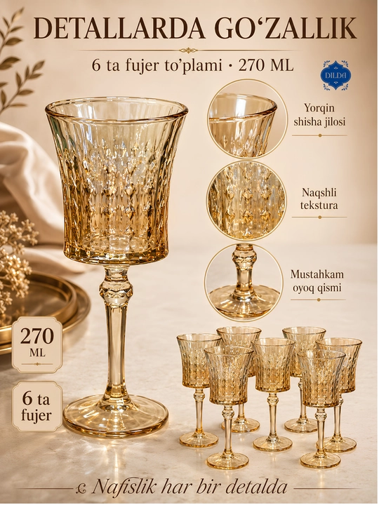Shisha fujerlar to‘plami 6 dona, rangli va shaffof bokallar 210, 270, 300 ml, bayram uchun