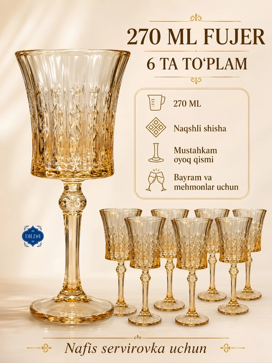 Shisha fujerlar to‘plami 6 dona, rangli va shaffof bokallar 210, 270, 300 ml, bayram uchun