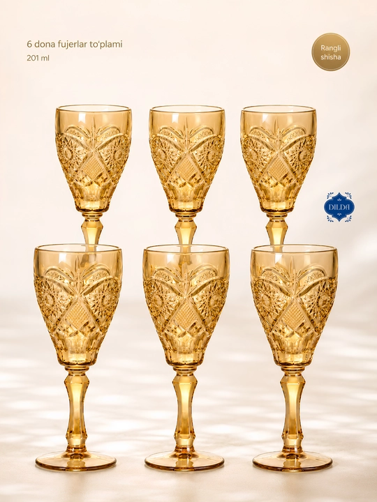 Shisha fujerlar to‘plami 6 dona, rangli va shaffof bokallar 210, 270, 300 ml, bayram uchun