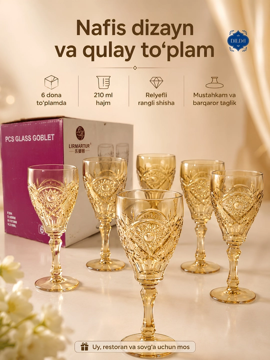 Shisha fujerlar to‘plami 6 dona, rangli va shaffof bokallar 210, 270, 300 ml, bayram uchun