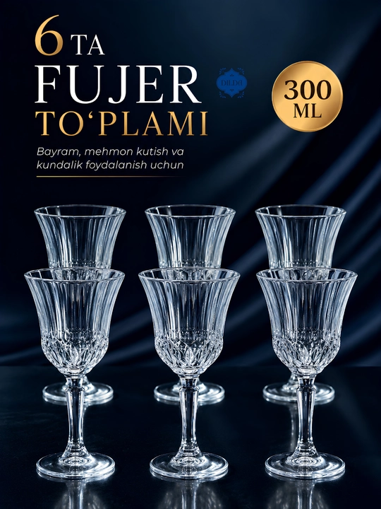 Shisha fujerlar to‘plami 6 dona, rangli va shaffof bokallar 210, 270, 300 ml, bayram uchun