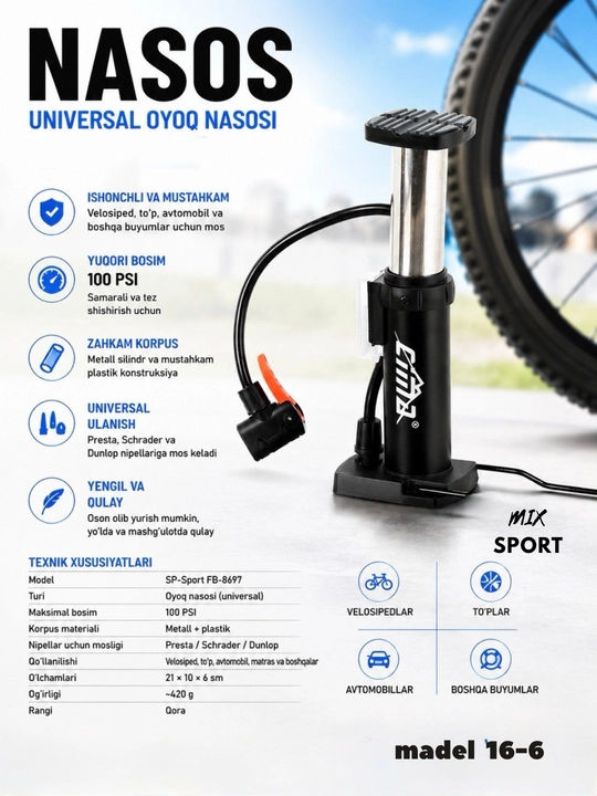 Qo‘l nasosi (to‘p, velosiped va avtomobillar uchun) - 