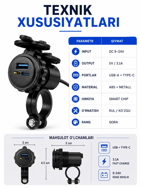 Мото USB Type-C зарядное устройство 3.1A 12-24В, влагозащищенное, с выключателем - 